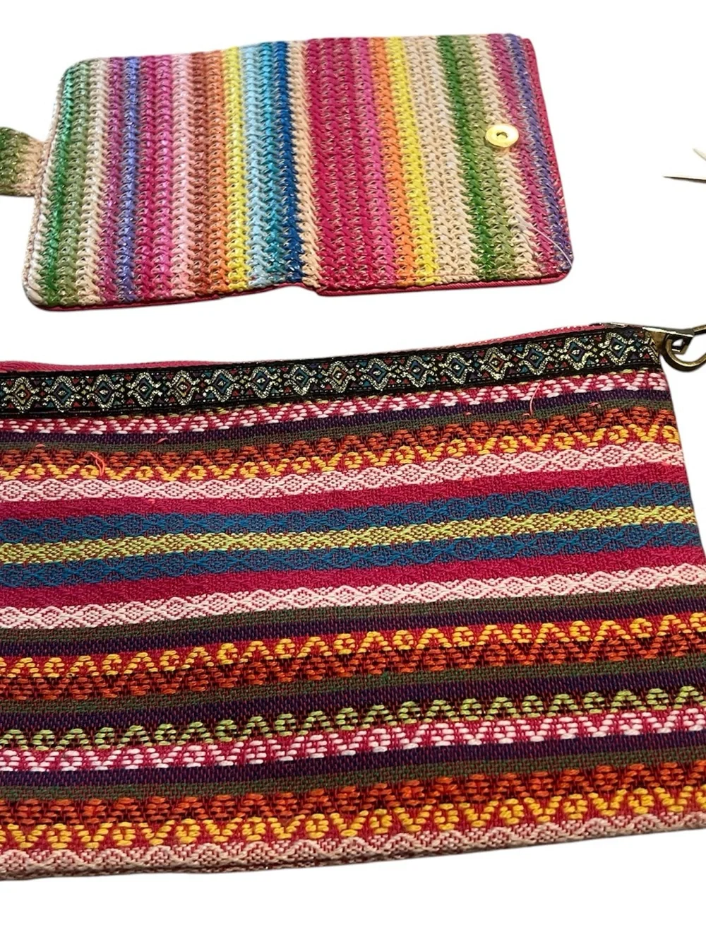 Miamica Rainbow Raffia Passport Case and Handwoven Bohemian zipper pouch.
